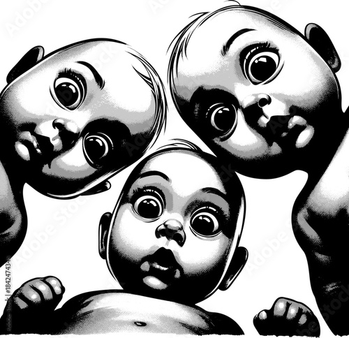 babies with wide eyes and open mouths, staring downward in amazement and curiosity sketch engraving generative ai fictional character vector illustration. Scratch board imitation. Black and white.