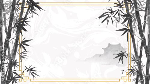 Green bamboo plant frame design with natural leaves, grass, and floral decoration