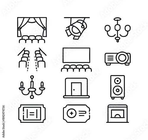 Theater Icon Set. Theater interior. Line icon set of Theater int