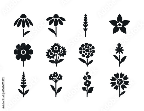 Summer Flower Icons. Summer bee flowers. Solid icon set of summe
