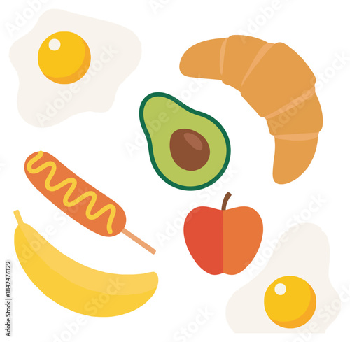 Colorful food including avocado banana apple croissant egg hotdog
