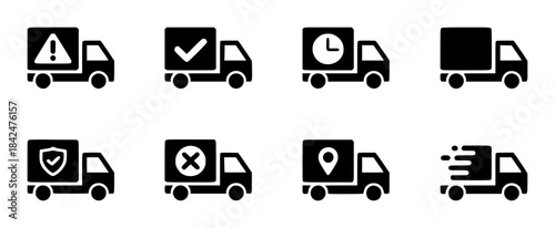 Eight Black Delivery Truck with Various Symbols checkmark warning