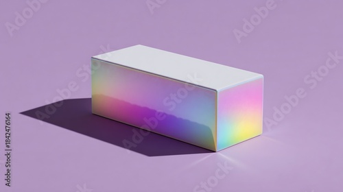 3D-rendered rectangular prism with iridescent surface, casting a shadow on a purple background
