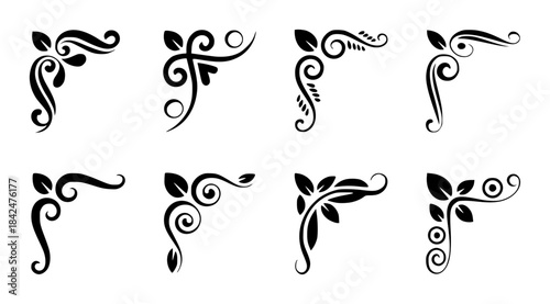 Eight decorative black floral corner ornaments white corners