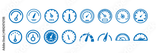 Set of blue outlined speedometer and gauge icons. Performance measurement symbols collection