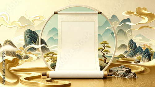 Illustration of a blank scroll unfolding against a background of traditional Chinese landscape painting