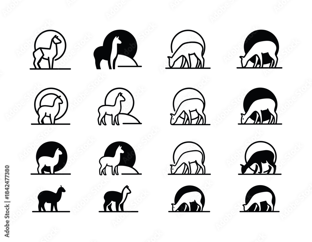 Naklejka premium Alpaca Logo Variations. Alpacas grazing. Icon set. Set Logo of a