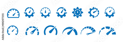 Set of blue solid speedometer and gear gauge icons. Performance measurement symbols collection