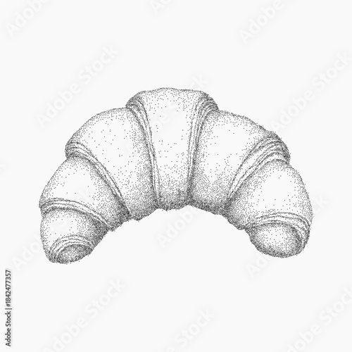 Croissant drawing with thick ink lines and stippled shadows, textured paper grain with dust and vintage speckle surrounding the folded pastry shape.