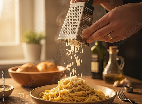 Close Up Of Hands Grating Fresh Parmesan Cheese Over A Bowl Of Delicious Spaghetti Pasta With Olive Oil And Garlic On A Wooden Table With Soft Natural Light