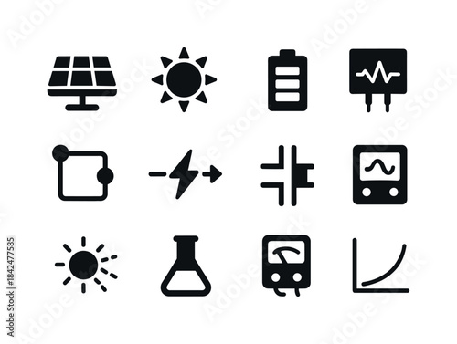 Solar Energy Icons. Solar energy research. Solid icon set of sol