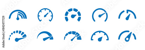 Set of blue speedometers or gauges with pointers showing various levels on white background