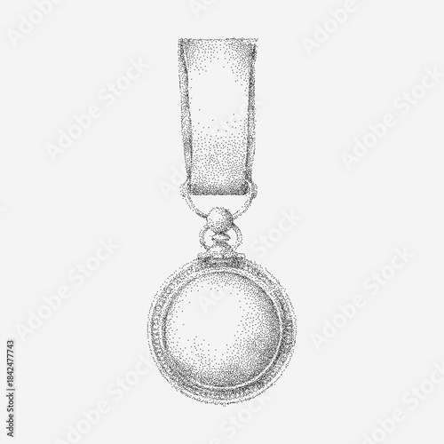 Medal on a ribbon with grainy threshold texture, stippled dust, faint scratches and stains spread across rough vintage paper background with aged imperfections.