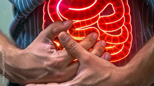 Food poisoning causing pain in man's stomach concept. Suffering from abdominal pain with intolerance or stomach ache in the belly or abdomen.