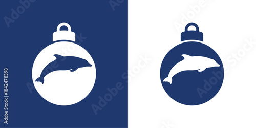 Logo nautical. Silueta de bola de navidad con delfín para tarjetas y felicitaciones de Navidad 