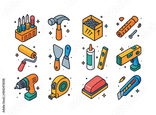 Household Repair Tools. Household repairs. Colorful isometric ve