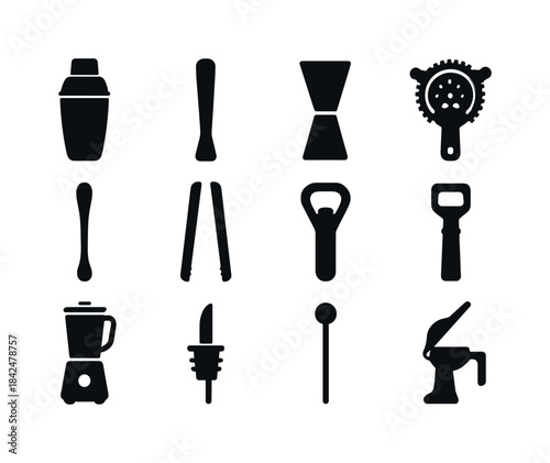 Bar Tools Icons. Bar tools. Solid icon set of bar tools: shaker,