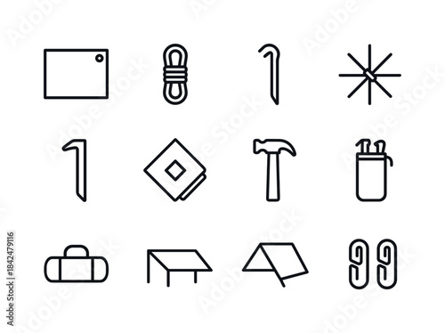 Tent Accessories Icons. Tent accessories. Line icon set of Tent