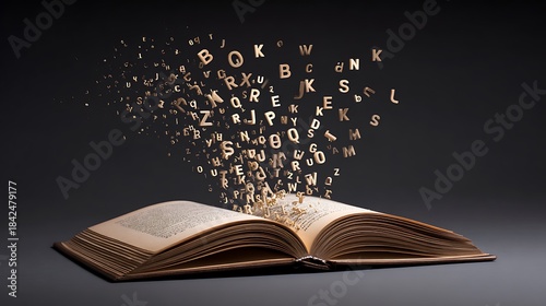 Open Book With Flying Alphabet Letters Concept.