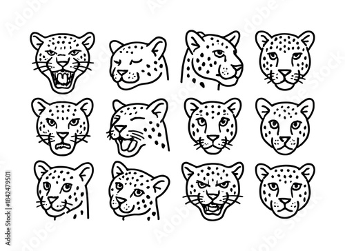 Leopard Expressions Icons. Leopard Faces. Line icon set of Leopa