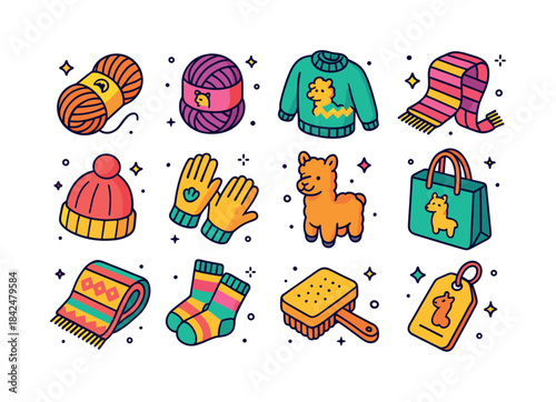 Colorful Alpaca Icons. Alpaca Products. Colorful isometric vecto
