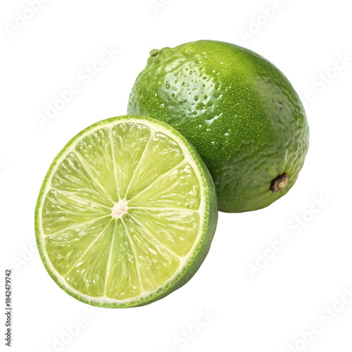 Fresh Green Lime Whole and Cut on transparent background