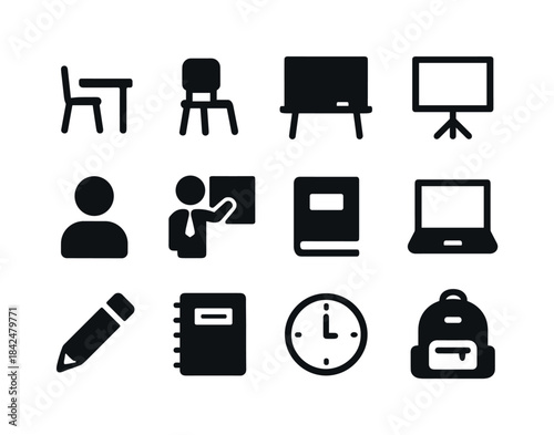 Classroom Icons Set. Classroom icons. Solid icon set of classroo