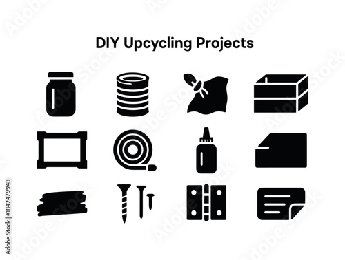 DIY Upcycling Icons. DIY Upcycling Projects. Solid icon set of D