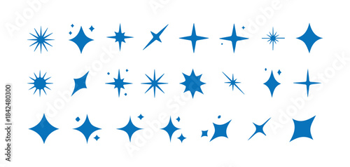 Set of blue star icons sparkling and glowing symbol collection on white background