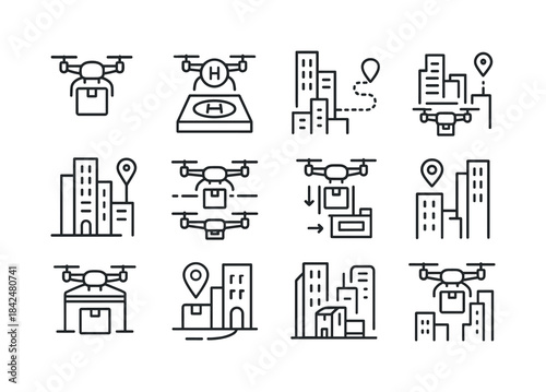 Urban Drone Icon Set. Urban drone delivery. Line icon set of urb