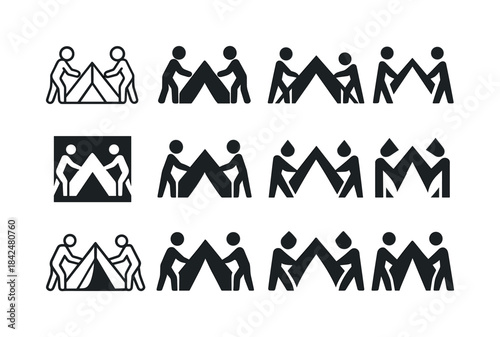 Tent Setup Icons. Setting up a tent. Icon set. Set Logo of setti
