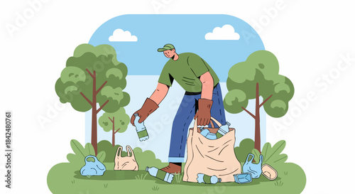 Gloves picking trash, community cleanup scene with volunteer trash collection and outdoor eco activity, suitable for poster design, article header, and environmental awareness campaigns.