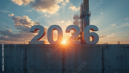 Backlit 2026 numerals sitting on concrete parapet beside tower producing sunburst and lens flare