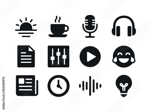 Morning Radio Icons. Morning Radio Show. Solid icon set of Morni