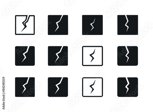 Cracked Tile Iconography. Cracked floor tile. Icon set. Set Logo