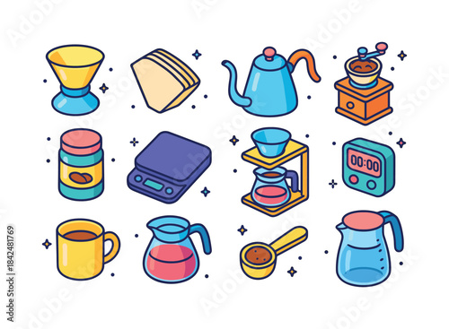 Home Coffee Icons. Home coffee brewing. Colorful isometric vecto