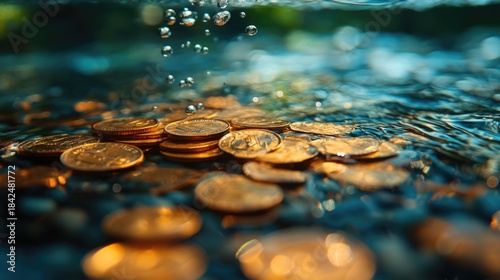 Coins sinking underwater, symbolizing financial crisis or economic downfall