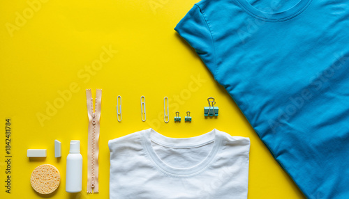 Flat lay composition featuring a white and blue t-shirts with sewing accessories on a vibrant yellow background