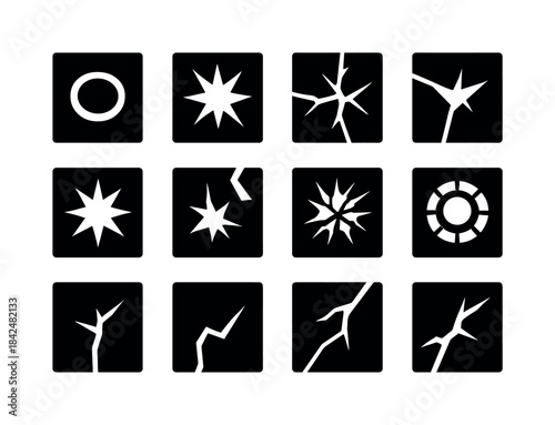 Impact Damage Icons. Impact damage tiles. Solid icon set of impa