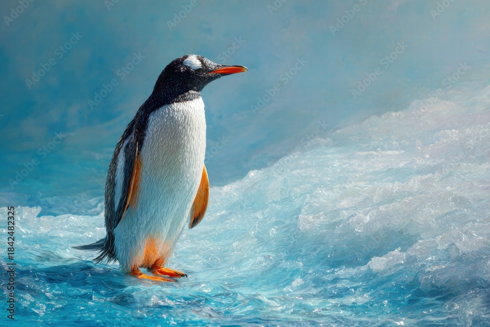 Naklejka premium Captured in icy blues, a penguin stands serene against a backdrop of shimmering ice and water. An ode to wildlife and polar landscapes.