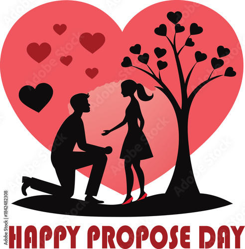 Silhouette of couple proposing under a heartshaped tree for propose day