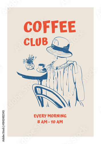 Sketch of a woman in a hat with a cup of coffee sitting at a cafe table. Hand-drawn ink vector illustration. Vertical poster, card, cover, template.