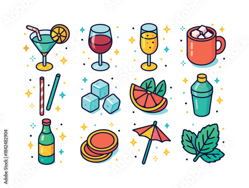 Festive Drink Icons. Festive Drinks. Colorful isometric vector i