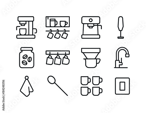 Home Coffee Icons. Home Coffee Stations. Line icon set of Home C