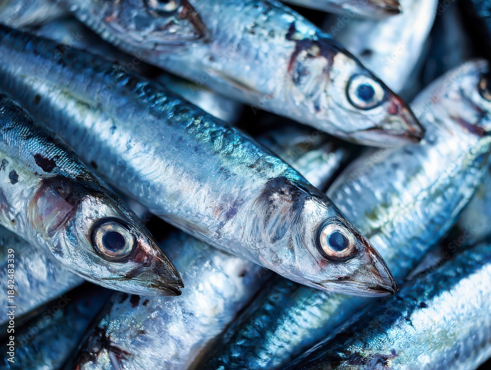 Obraz premium Fresh Sardines: A close-up shot reveals a pile of freshly caught sardines, their silvery scales glistening under the light, hinting at a delicious and healthy meal.