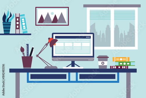 modern home office interior with a computer, desk, books, and a plant for a productive workspace