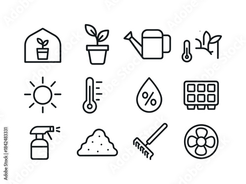 Greenhouse Icon Set. Greenhouse gardening. Line icon set of Gree