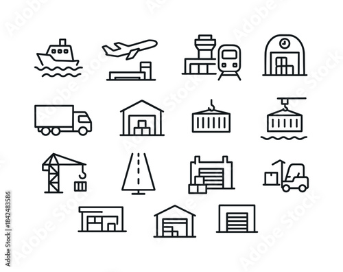 Transportation Hubs Icons. Transportation hubs. Line icon set of
