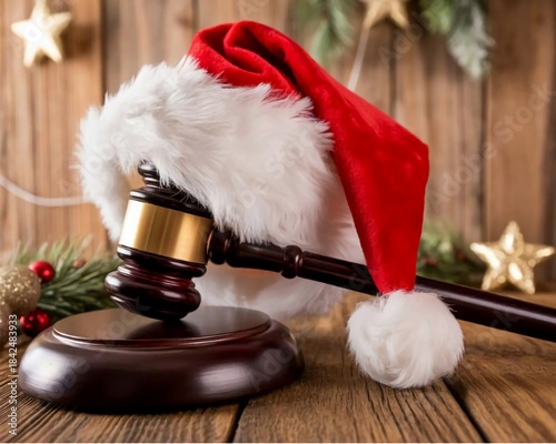 Santa Claus Hat on wooden judge gavel closeup on rustic background. Closeup. Christmas and New Year celebration