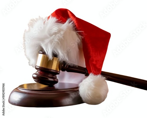 Santa Claus Hat on wooden judge gavel closeup on rustic background. Closeup. Christmas and New Year celebration